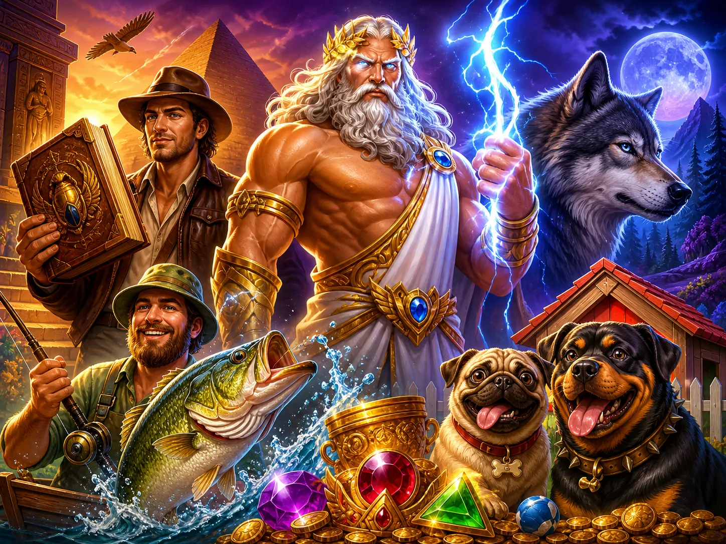 High-quality promotional artwork featuring diverse slot game characters and themes, illustrating vibrant and captivating game