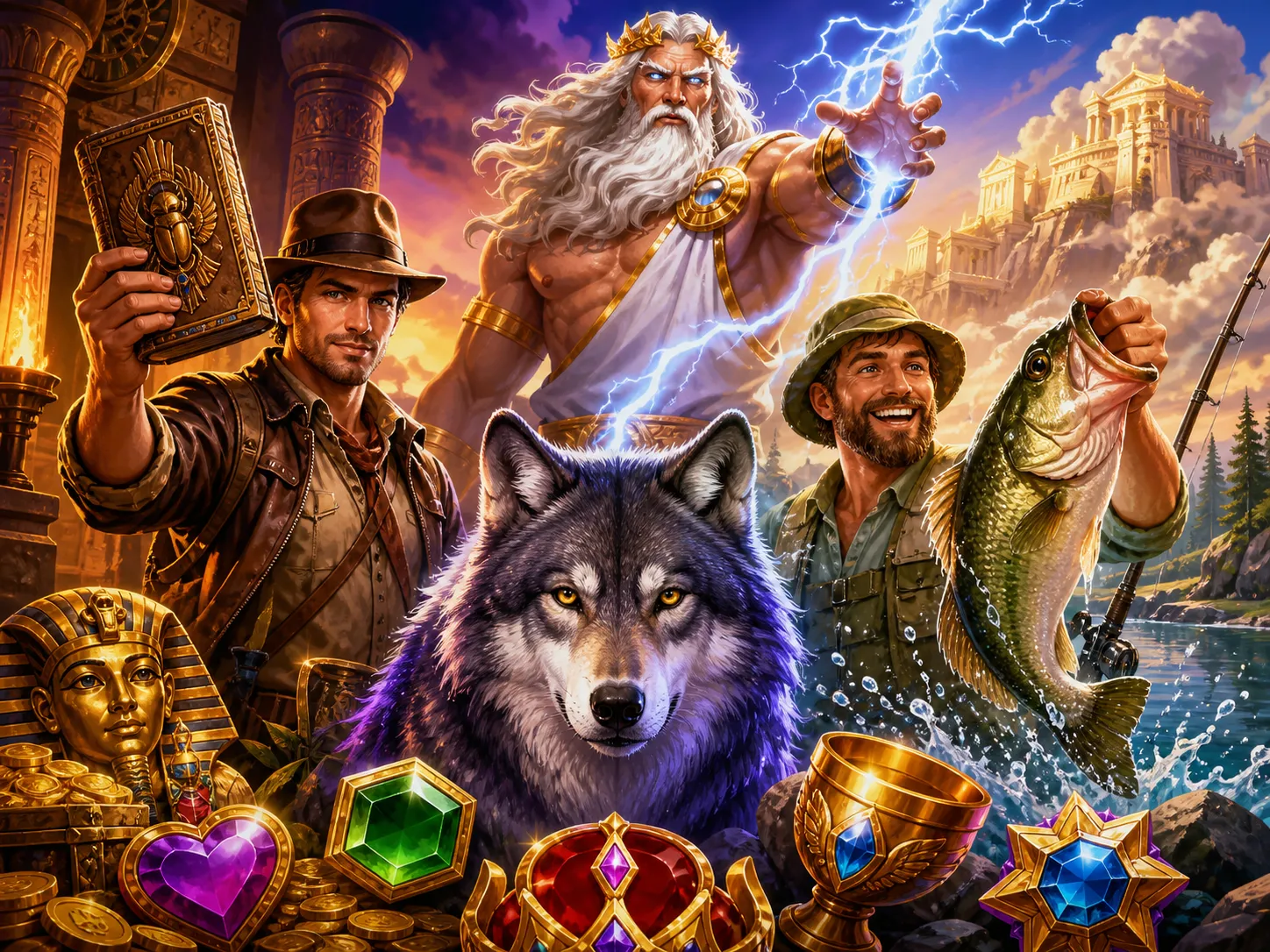 Illustration featuring slot game characters and environments, focusing on vibrant fantasy elements and engaging visuals.